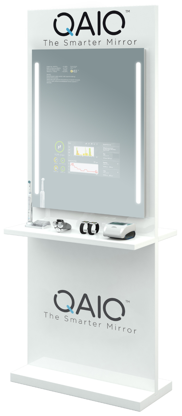 QAIO single sink mirror TV in white background with LED light bars on each side.