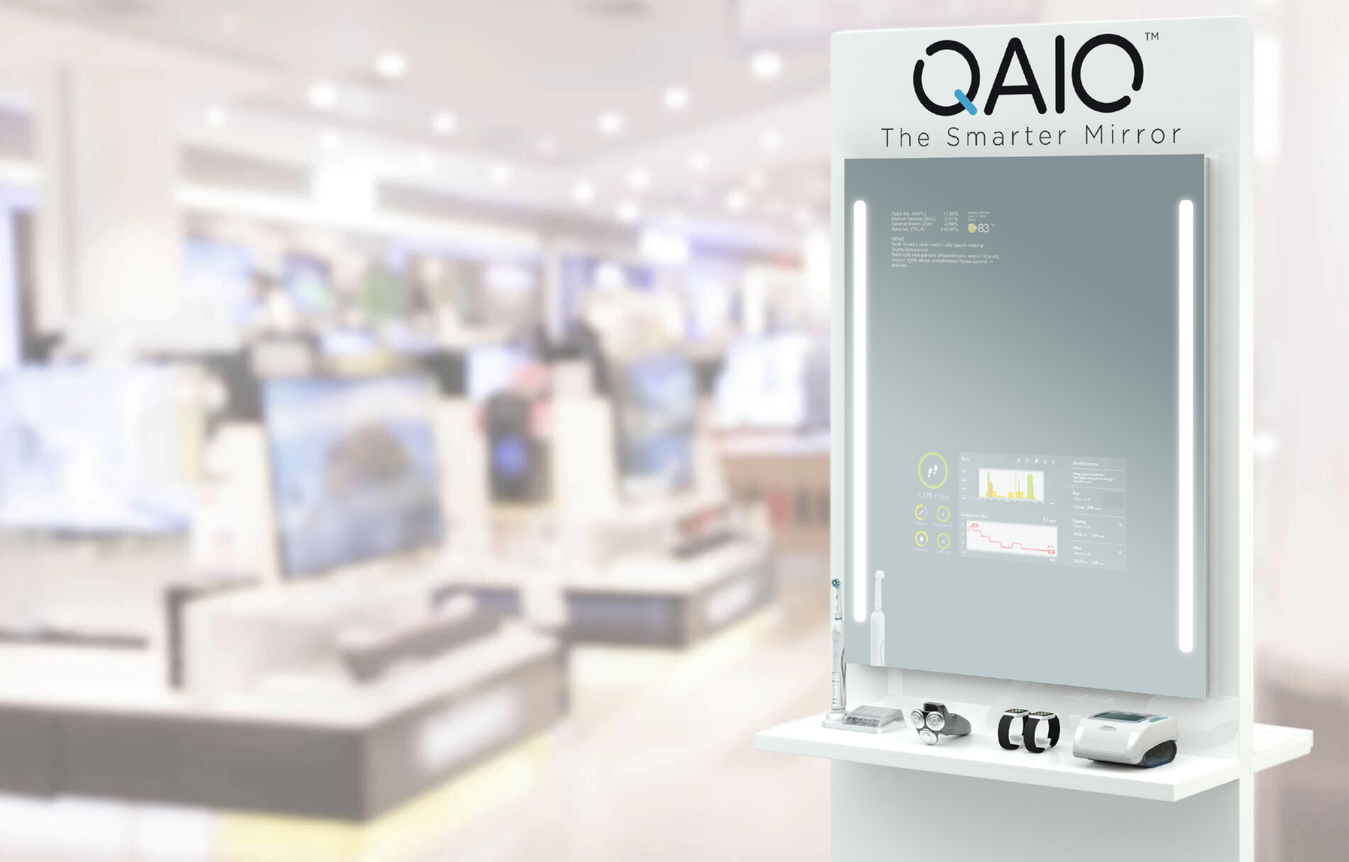 A single sink mirror TV with a blurred background displaying multiple TV in the mall.